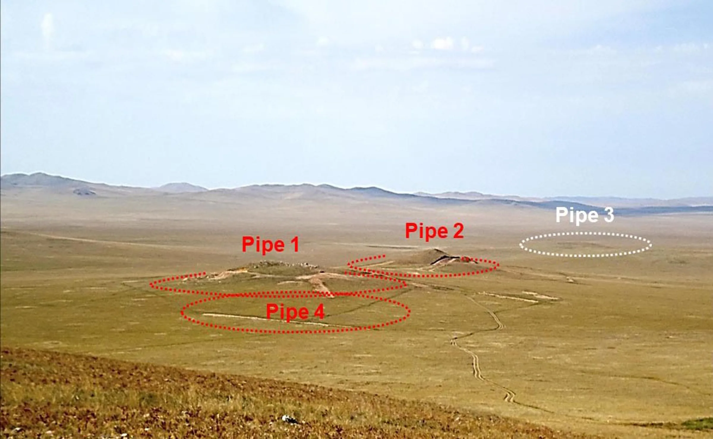 Altan Tsagaan Ovoo steppe with the outlines of Pipe 1, Pipe 2 and Pipe 3 marked