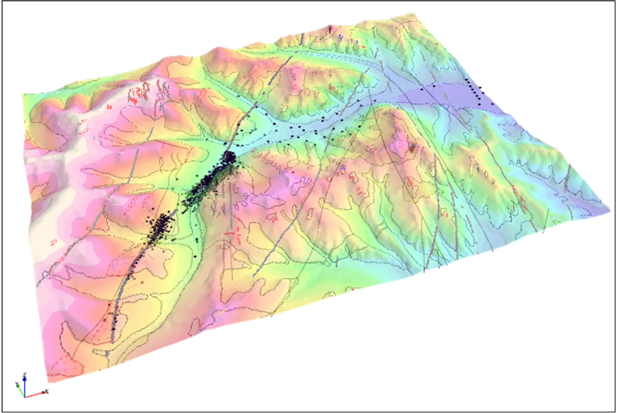 3D terrain model of the Gatsuurt gold deposit, Mongolia, showing drill hole traces