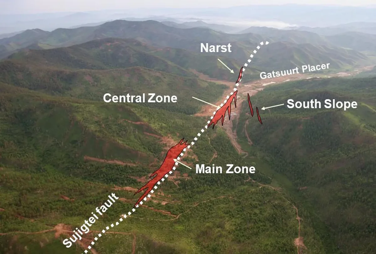 Aerial view of Gatsuurt annotated with the Central Zone, Main Zone, South Slope and the Sujigte fault